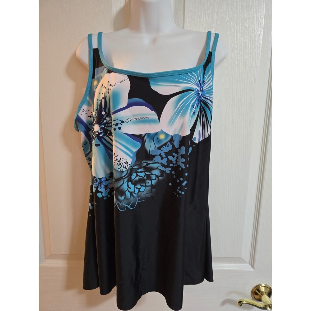 Plus Size 4XL Swim Dress Floral Print Tankini‎ Tunic Top Teal Black /0321
